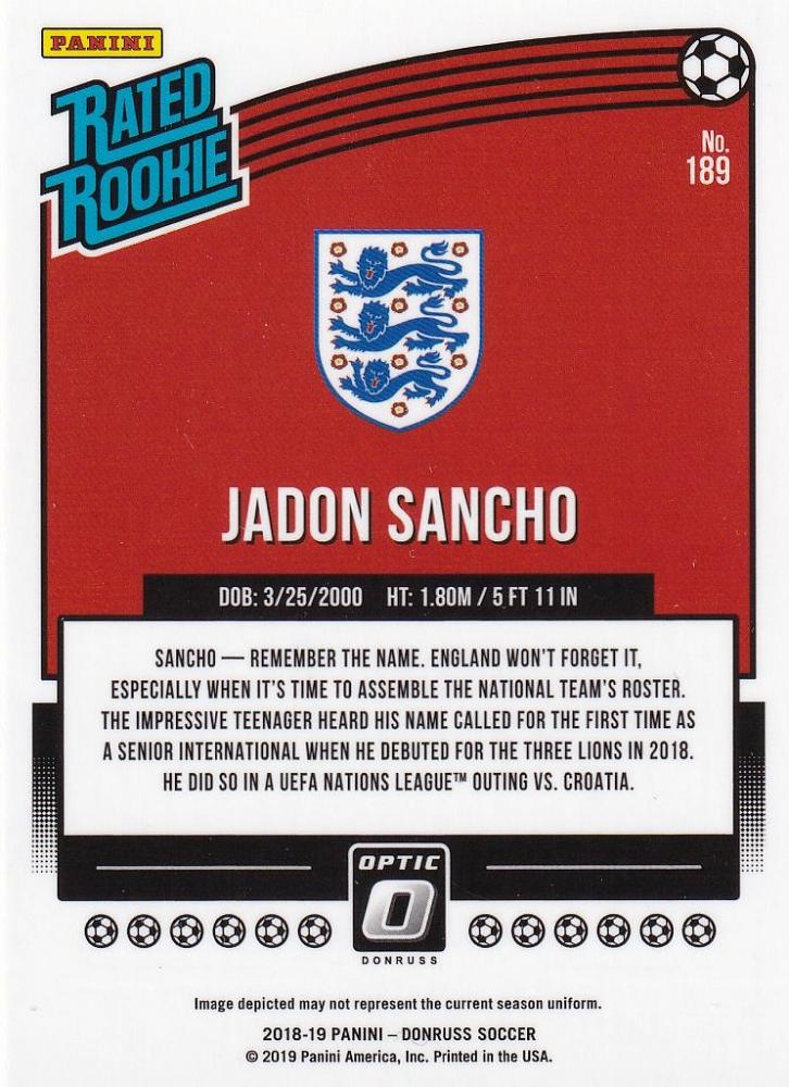 2018-19 Panini Donruss England Jadon Sancho base optic trading card featuring the football player