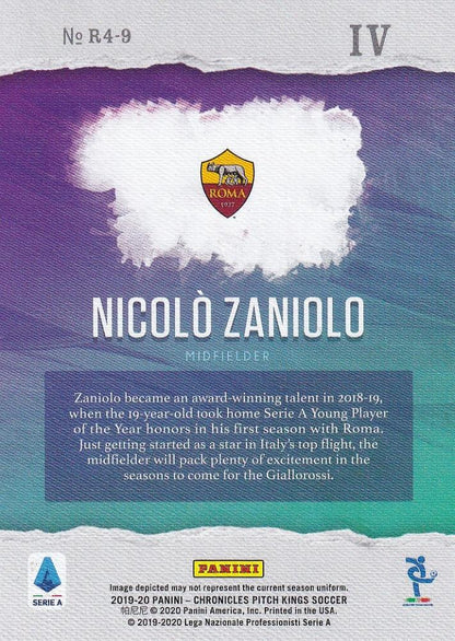 2019-20 Panini Chronicles AS Roma Nicolo Zaniolo Pitch Kings Rookies IV trading card