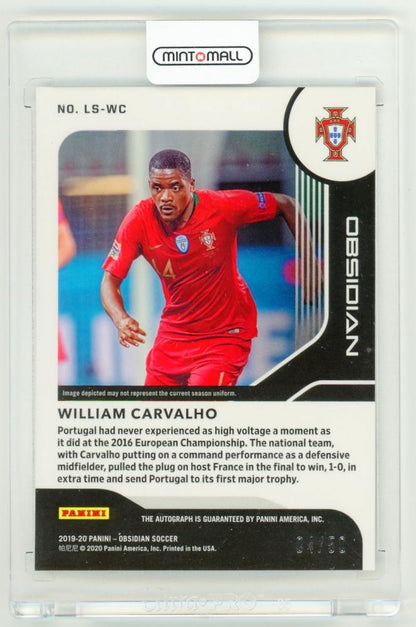 2019-20 Panini Obsidian Lightning Strike Autograph card of William Carvalho Portugal serial 4 of 50 with minor stain