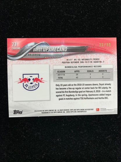 2018-19 Topps Chrome Bundesliga Dayot Upamecano RB Leipzig Blue Wave parallel card numbered 36 of 99