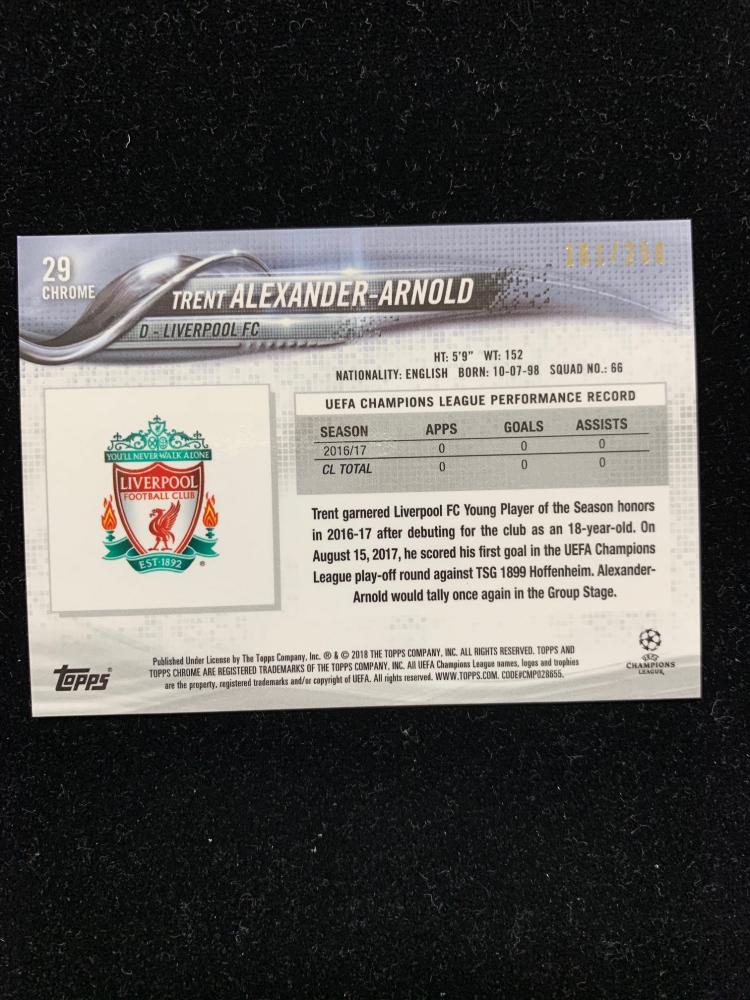 2017-18 Topps Chrome UEFA Champions League Liverpool FC Trent Alexander-Arnold Base Purple Parallel trading card