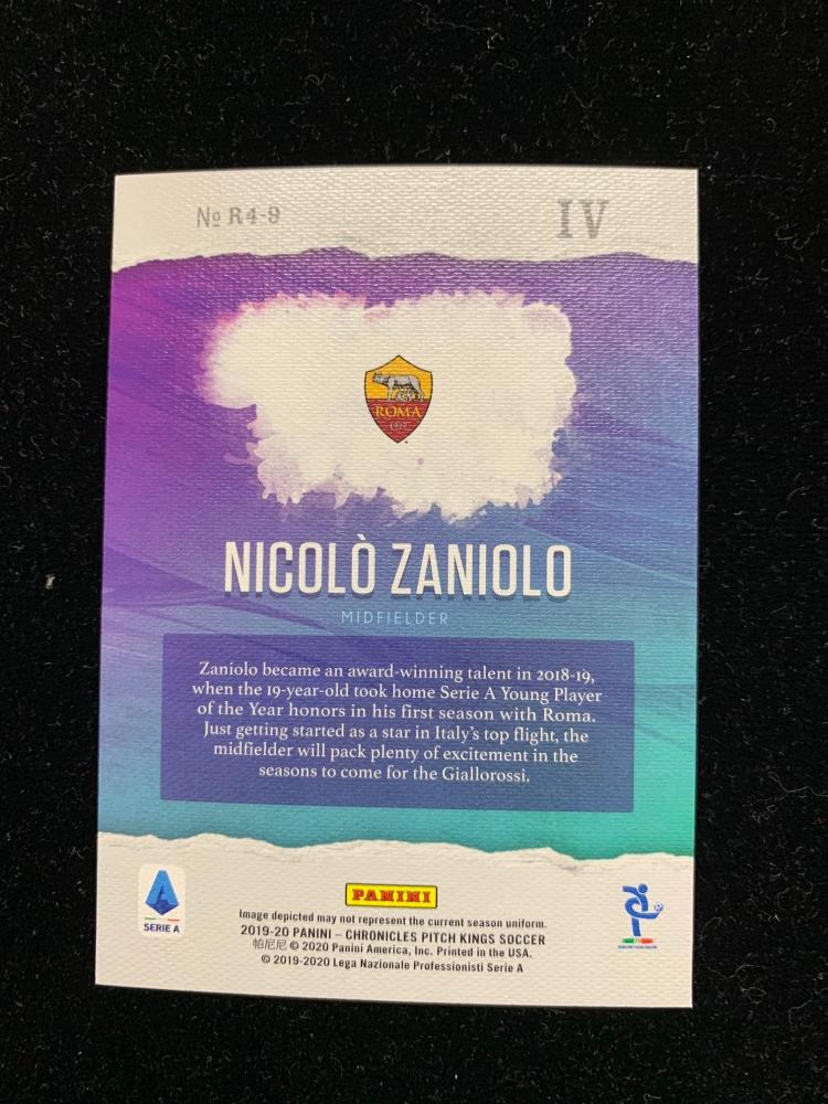 2019-20 Panini Chronicles AS Roma Nicolo Zaniolo Pitch Kings Rookies IV trading card