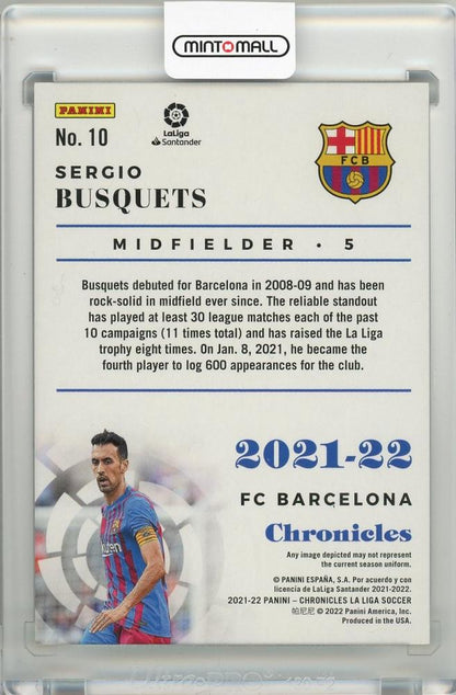 2021-22 PANINI Chronicles FC Barcelona Sergio Busquets #10 trading card green parallel numbered 2 of 5 with minor stain