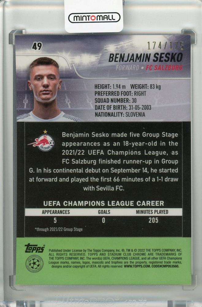 2021-22 TOPPS Stadium Club Chrome UEFA Champions League Benjamin Sesko card numbered 174 of 175 with Night Vision Prism effect