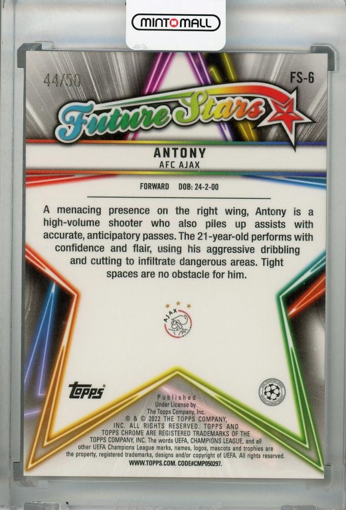 2021-22 Topps Chrome UEFA Champions League parallel card of Ajax player Antony Future Stars Gold 44 out of 50