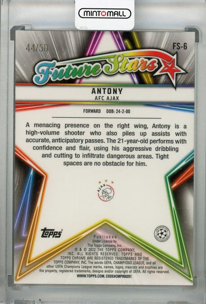 2021-22 Topps Chrome UEFA Champions League parallel card of Ajax player Antony Future Stars Gold 44 out of 50