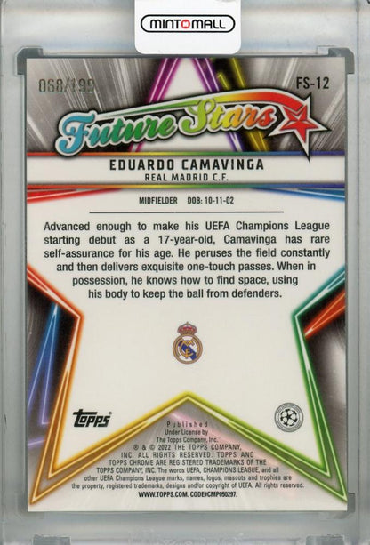 2021-22 Topps Chrome UEFA Champions League trading card featuring Eduardo Camavinga Real Madrid Aqua Parallel 068/199