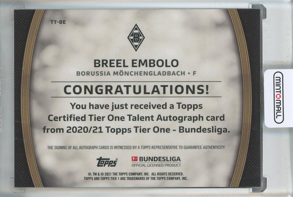 2021-22 Topps Tier One Bundesliga Breel Embolo Auto #TT-BE079/100 Borussia Monchengladbach