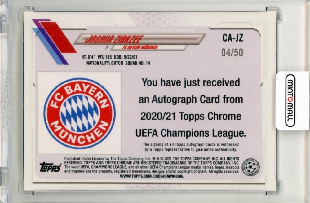 2020-21 Topps Chrome UEFA Champions League Joshua Zirkzee Gold Chrome Autographs04/50 FC Bayern Munchen