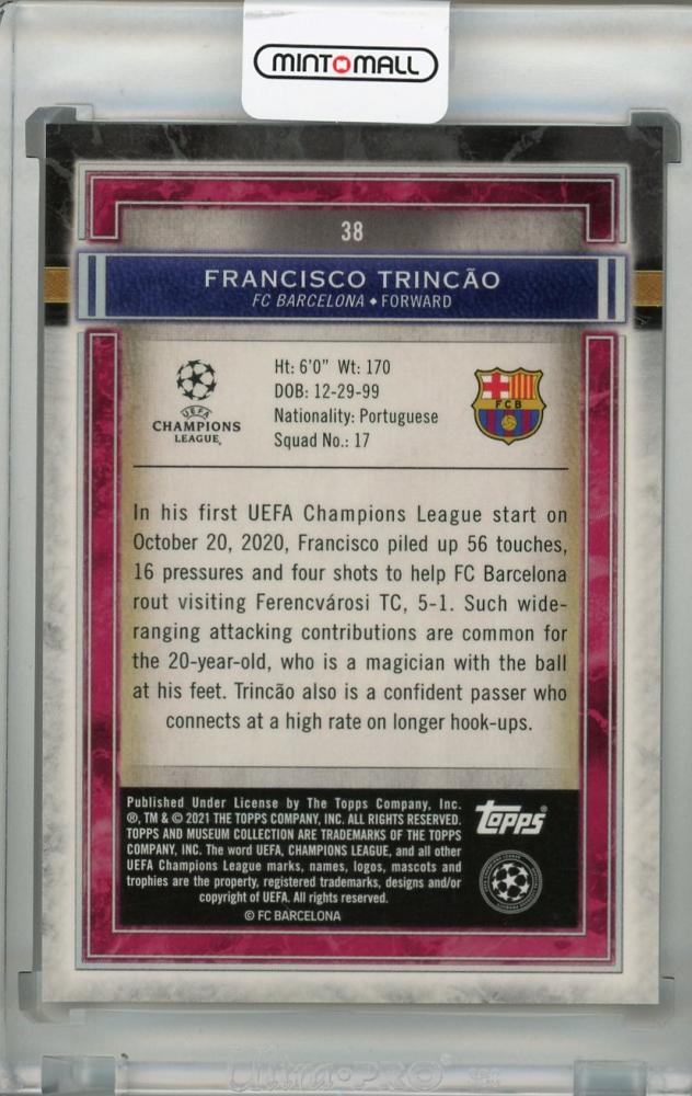 2020-21 Topps Museum Collection UEFA Champions League Francisco Trincao FC Barcelona Copper trading card numbered 04 of 99 with back stain