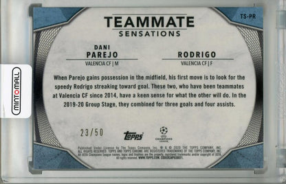 2019-20 Topps Chrome UEFA Champions League trading card featuring Valencia CF players Rodrigo and Dani Parejo gold parallel edition 23 of 50