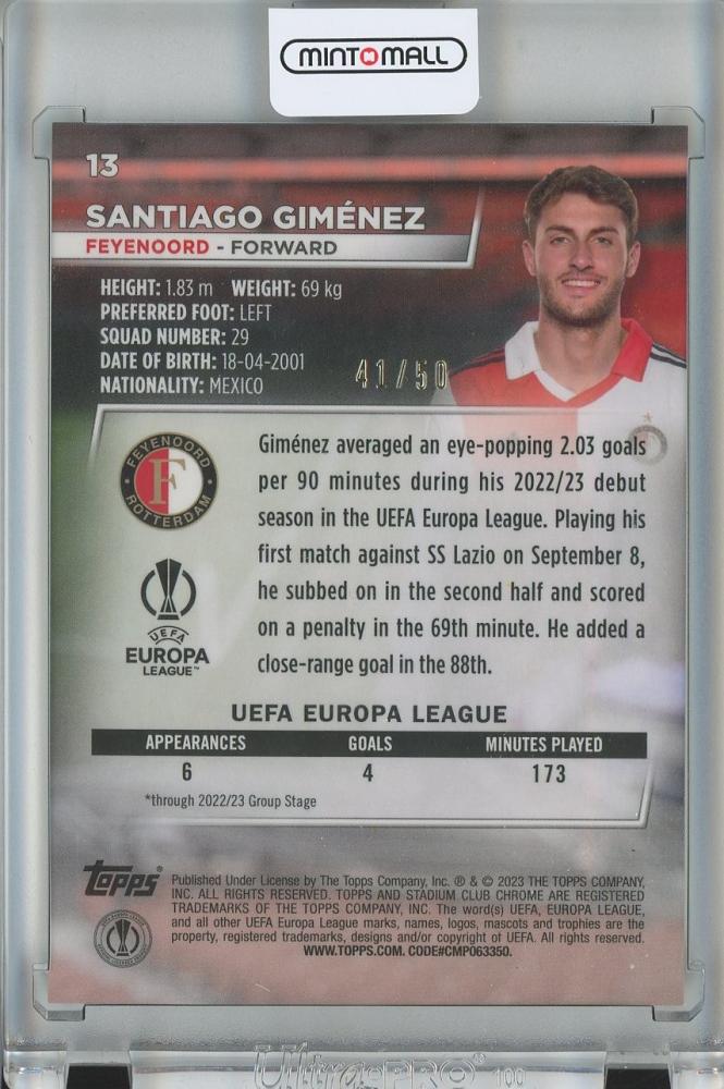 2022-23 TOPPS STADIUM CLUB CHROME UEFA Soccer Santiago Gimenez RC/Gold Prism Refractors/#13 41/50