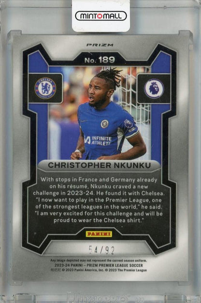 2023-24 Panini Prizm Premier League Christopher Nkunku Purple and White Stripes Prizms #189 *dent and back scratches 54/92 Chelsea