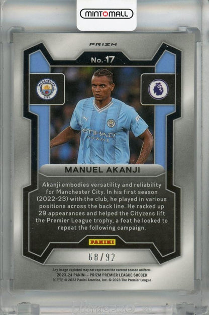 2023-24 Panini Prizm Premier League Manuel Akanji Purple and White Stripes Prizms #17 *minor stain on back* 68/92 Manchester City