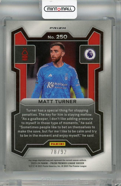 2023-24 Panini Prizm Premier League Matt Turner Purple and White Stripes Prizms #250 *minor stain on back 78/92 Nottingham Forest