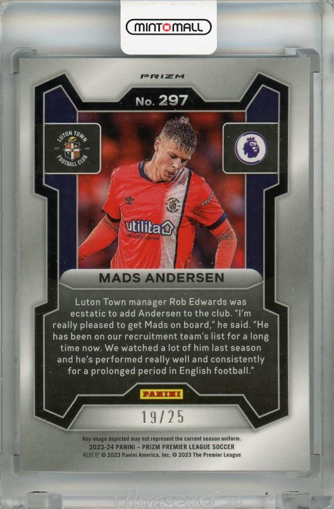 2023-24 Panini Prizm Premier League Mads Andersen Purple Mojo Prizms #297 RC19/25 Luton Town FC