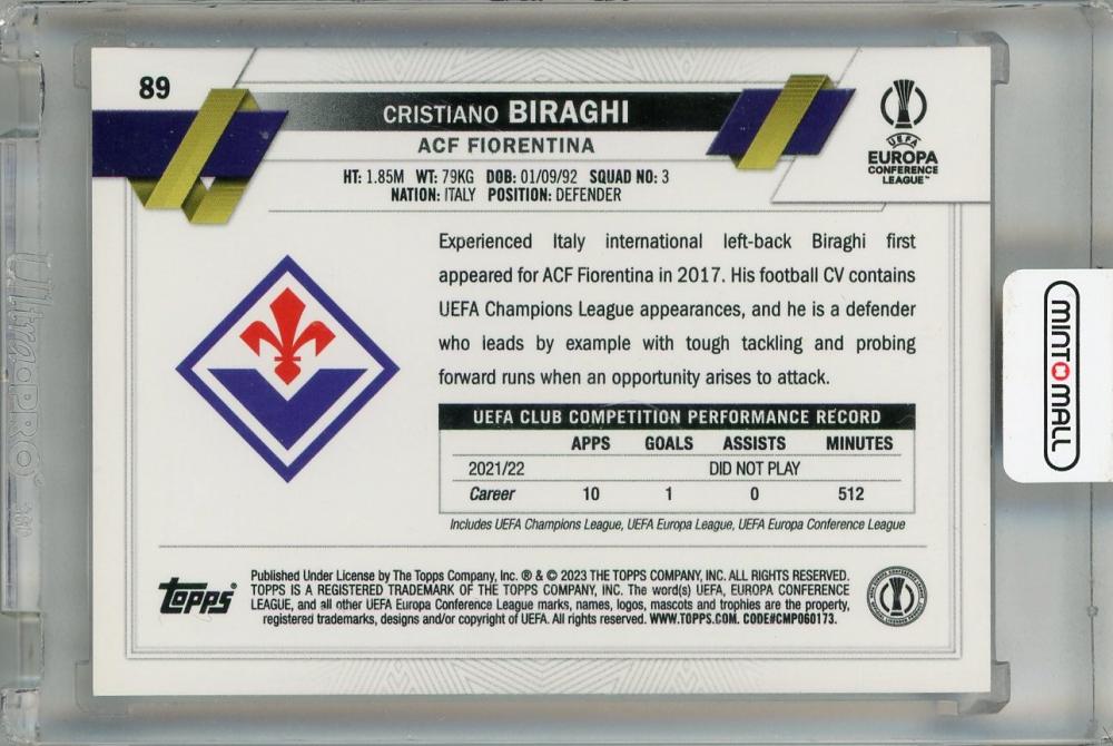 2022-23 Topps Chrome UEFA Club Competitions Cristiano Biraghi Red & Gold Seismic #89 *minor stain on back* ACF Fiorentina