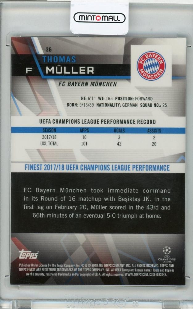 2018-19 Topps Finest UEFA Champions League Thomas Muller FC Bayern Munchen Base Orange parallel card numbered 14 of 25