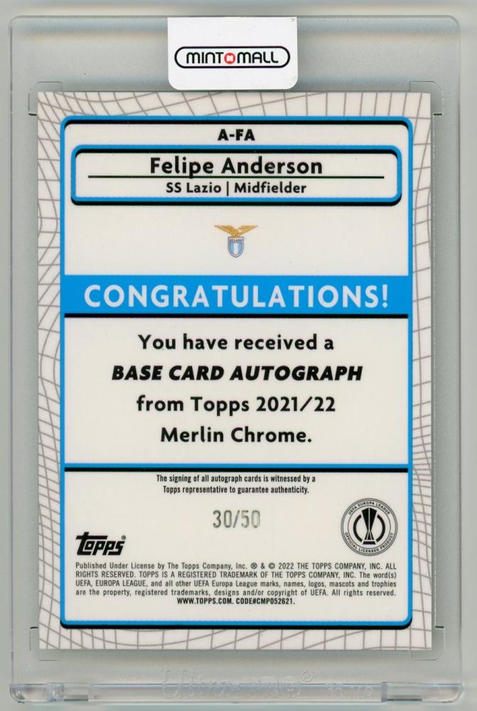 2021-22 TOPPS Merlin Chrome UEFA League Felipe Anderson Autographs Gold Refractor Parallels30/50 SS Lazio