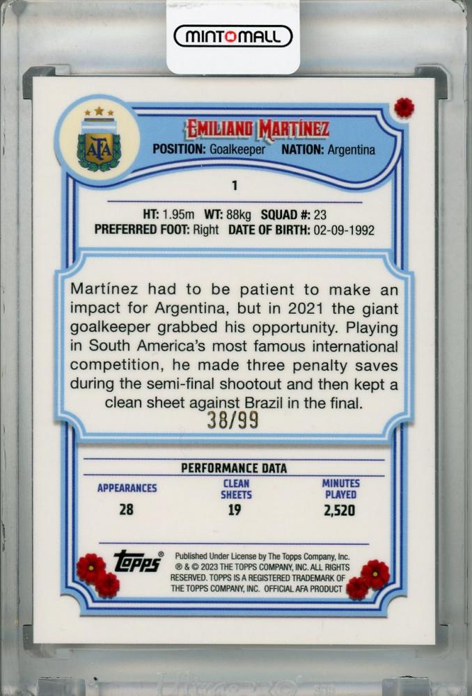 2023 Topps Argentina Fileteado Emiliano Martinez Base Sky Blue & White(*minor stain on back) 38/99