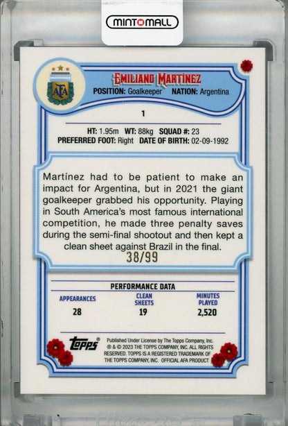 2023 Topps Argentina Fileteado Emiliano Martinez Base Sky Blue & White(*minor stain on back) 38/99