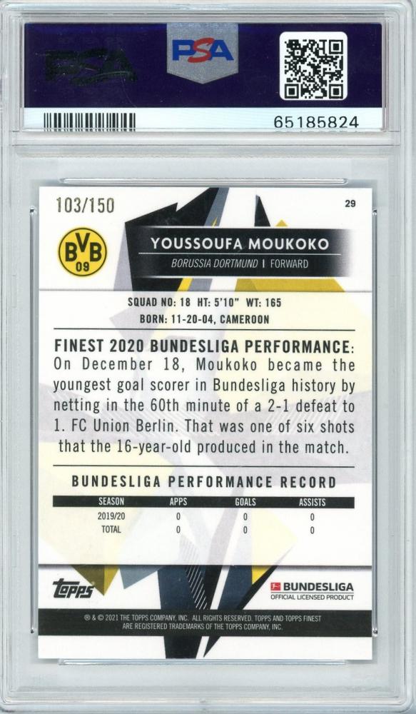 2020-21 TOPPS Finest Bundesliga Youssoufa Moukoko Blue Refractors #29 103/150PSA 9 Borussia Dortmund