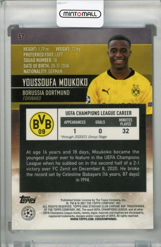 2020-21 Topps Stadium Club Chrome UEFA Champions League Borussia Dortmund Youssoufa Moukoko Base trading card