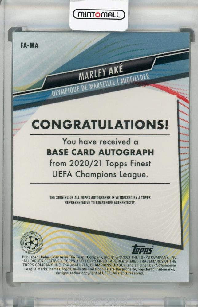 2020-21 Topps Finest UEFA Champions League Olympique de Marseille Marley Ake autograph trading card with minor stain on back