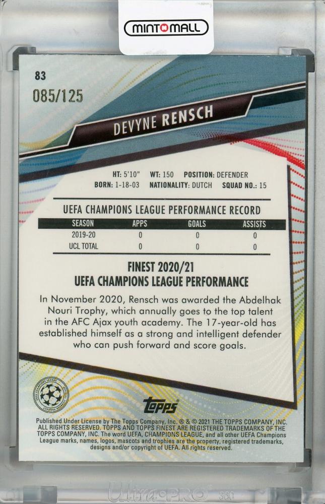 2020-21 Topps Finest UEFA Champions League Devyne Rensch AFC Ajax Pink Prism trading card 085 of 125