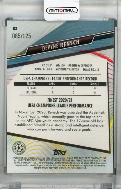 2020-21 Topps Finest UEFA Champions League Devyne Rensch AFC Ajax Pink Prism trading card 085 of 125