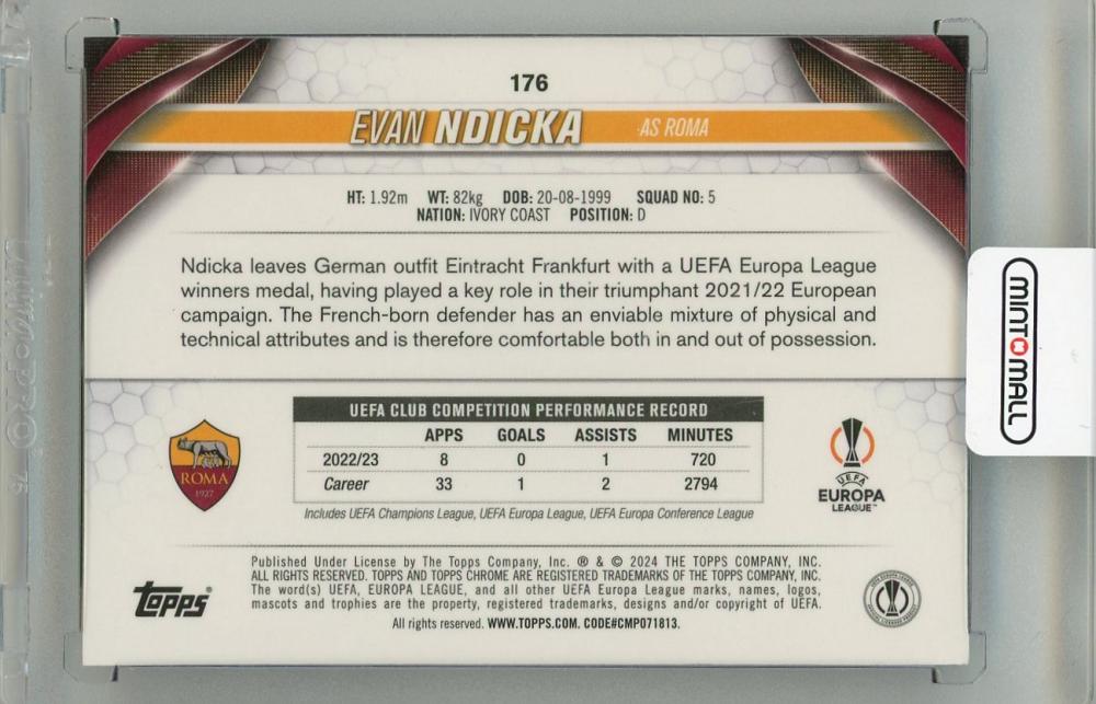 2023-24 TOPPS Chrome UEFA Club Competitions Evan Ndicka Night Vision Ray Wave Refractors #176090/225 AS Roma