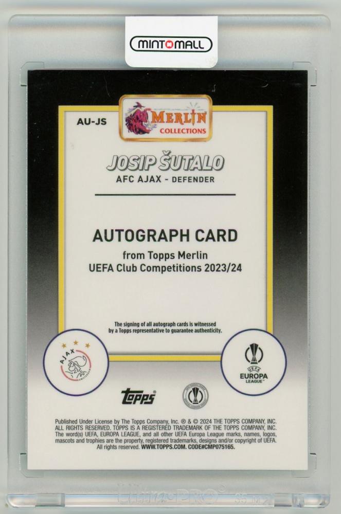 2023-24 Topps Merlin UEFA Club Competitions Josip Sutalo Autographs Aqua Refractors Parallels70/199 AFC Ajax