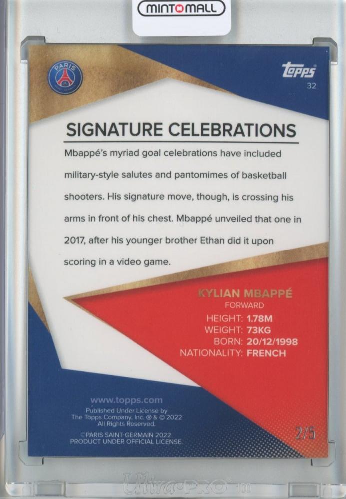 2021-22 Topps Paris Saint-Germain Team Set Soccer Kylian Mbappe Signature Celebrations/#32/Red Foil 2/5