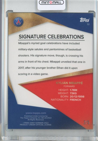 2021-22 Topps Paris Saint-Germain Team Set Soccer Kylian Mbappe Signature Celebrations/#32/Red Foil 2/5