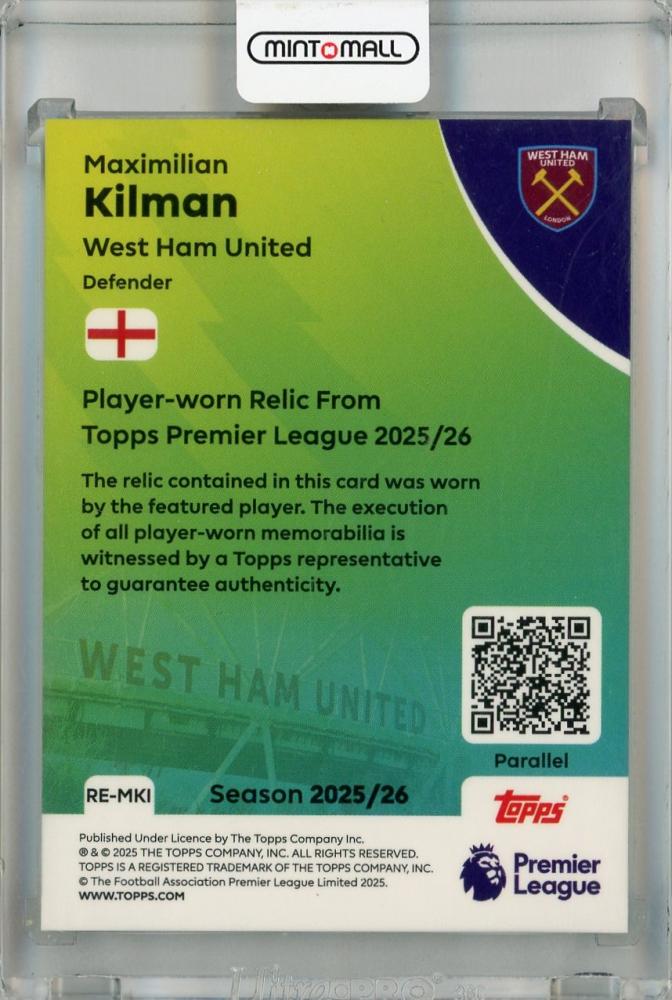 2025-26 Topps Premier League Maximilian Kilman Premier Relics Green Rainbow Foil #RE-MKI ※裏面傷あり56/99 West Ham United FC