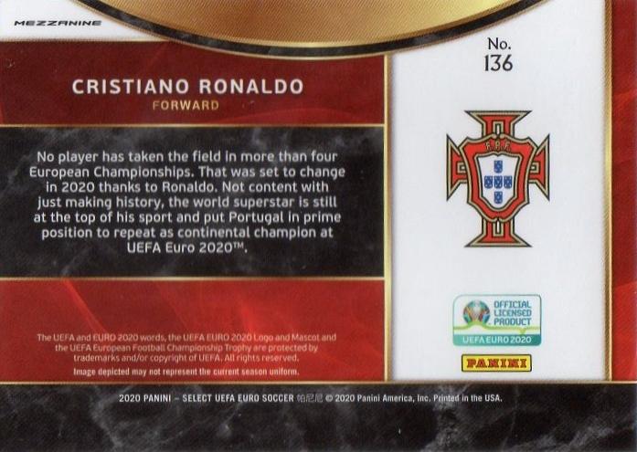 2020 Panini Select UEFA EURO Soccer Cristiano Ronaldo trading card No.136 with detailed player image