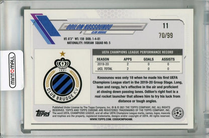 2020-21 Topps Chrome UEFA Champions League Odilon Kossounou Club Brugge Neon Green parallel card number 70 of 99