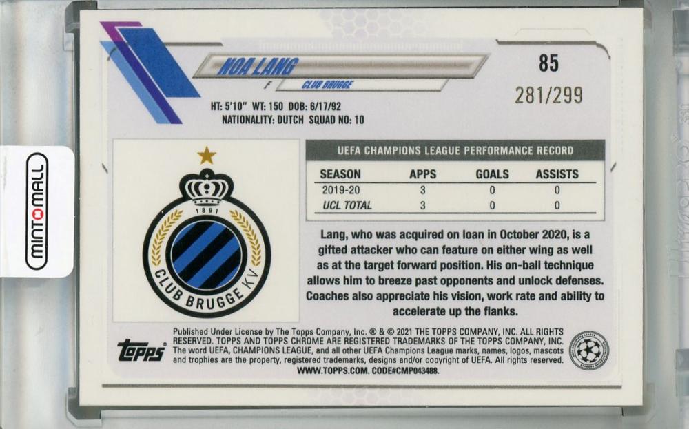2020-21 Topps Chrome UEFA Champions League Noa Lang Club Brugge yellow mini-diamond parallel card 281 out of 299