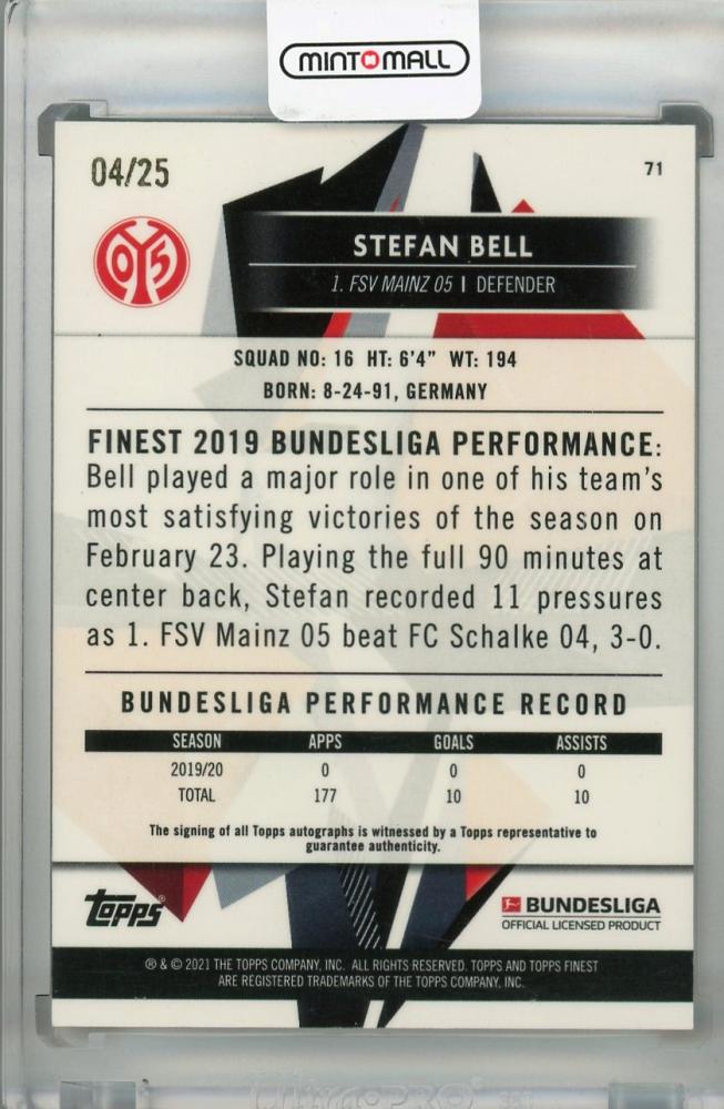 2020-21 Topps Finest Bundesliga Stefan Bell 1.FSV MAINZ 05 Gold Parallel Autograph card 04/25