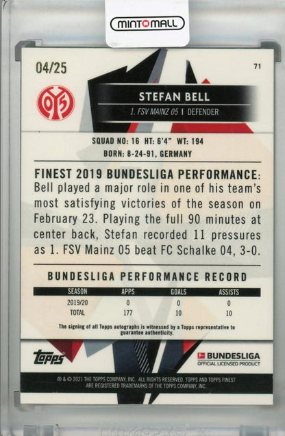 2020-21 Topps Finest Bundesliga Stefan Bell 1.FSV MAINZ 05 Gold Parallel Autograph card 04/25