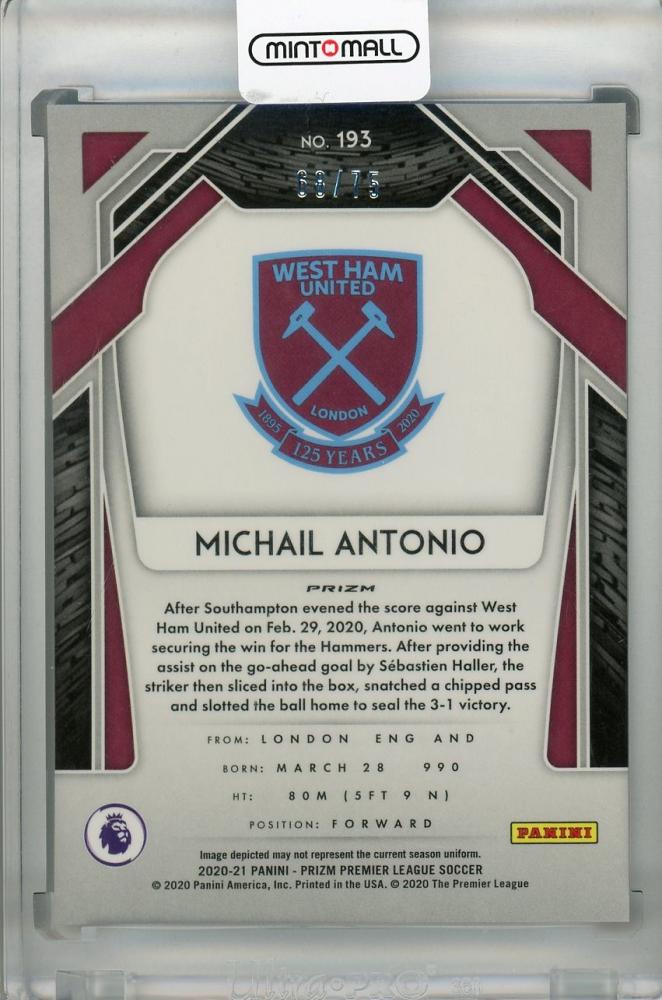 2020-21 Panini Prizm Premier League Michail Antonio Blue Ice parallel trading card number 68 of 75