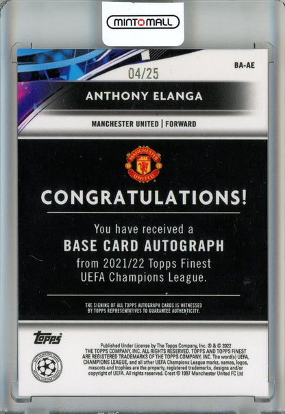 2021-22 Topps Finest UEFA Champions League Anthony Elanga RC/Base Autographs/Orange Wave Refractors/#BA-AE04/25 Manchester United