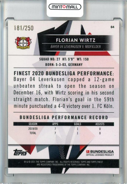 2020-21 Topps Finest Bundesliga Florian Wirtz Base/Purple Refractors/#64181/250 BAYER 04 LEVERKUSEN