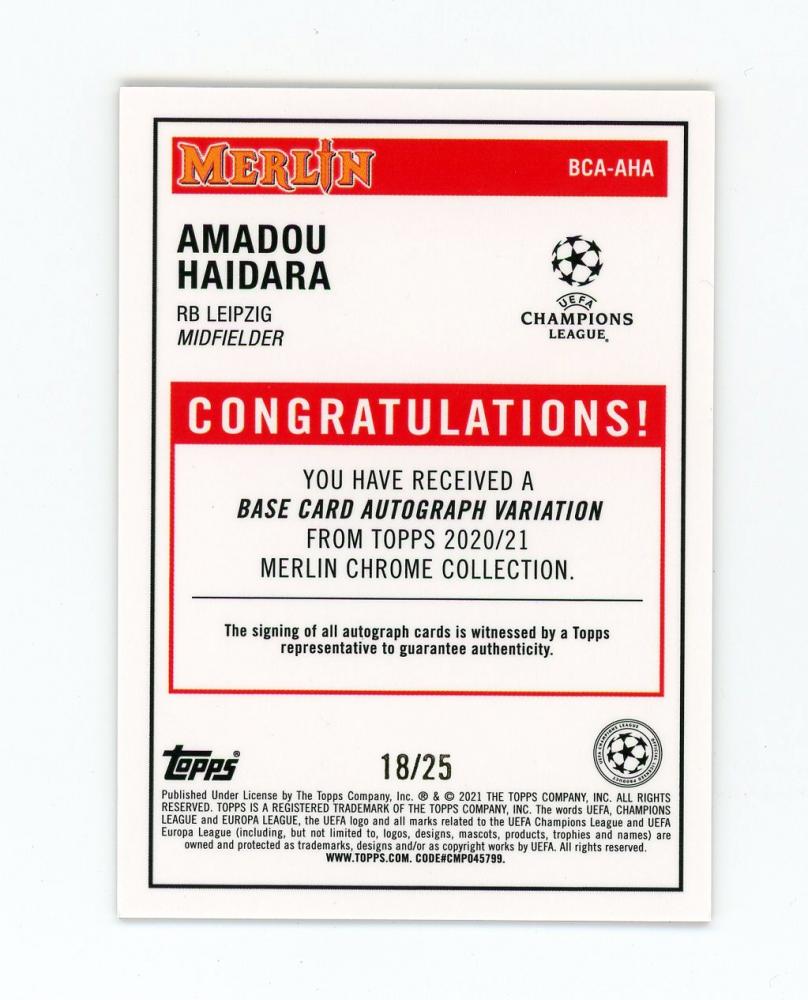2020-21 TOPPS Merlin Chrome UEFA Champions League Europa League Orange Parallel Autograph card of Amadou Haidara numbered 18/25