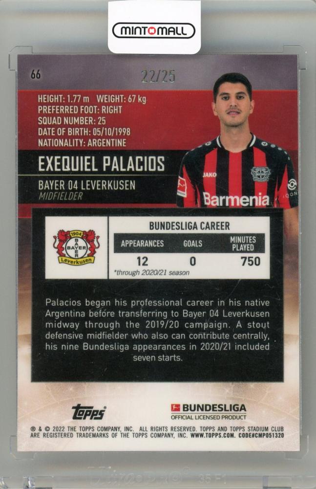 2021-22 Topps Stadium Club Chrome Bundesliga Exequiel Palacios Orange Refractor22/25 Bayer 04 Leverkusen