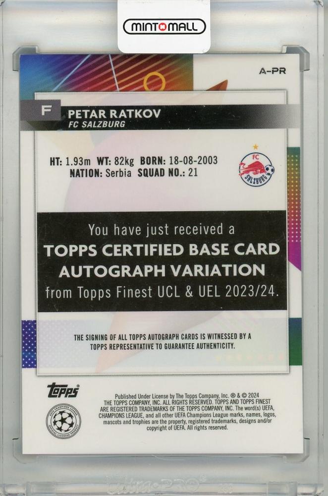 2023-24 TOPPS FINEST UEFA CLUB COMPETITIONS Petar Ratkov RC Blue Reflector Autograph147/150 FC Salzburg