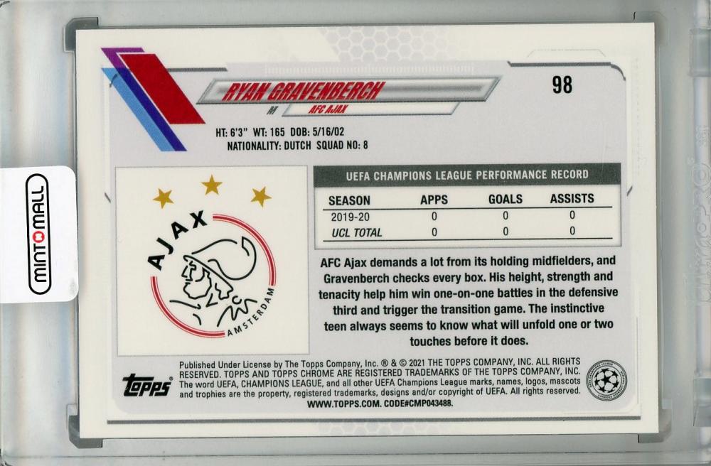 2020-21 Topps Chrome UEFA Champions League trading card of AFC Ajax player Ryan Gravenberch Base version