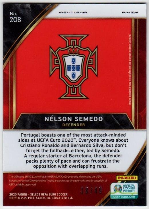 2020 Panini Select UEFA EURO Soccer card of Nelson Semedo No.208 in PRIZM parallel numbered 18 out of 49