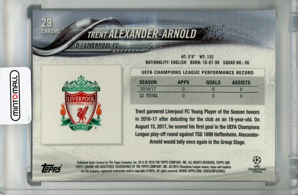 2017-18 Topps Chrome UEFA Champions League trading card featuring Liverpool FC player Trent Alexander-Arnold base set