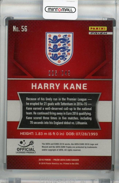 2016 Panini Prizm Euro England Harry Kane Base Blue Prizms parallel card serial 225 out of 249